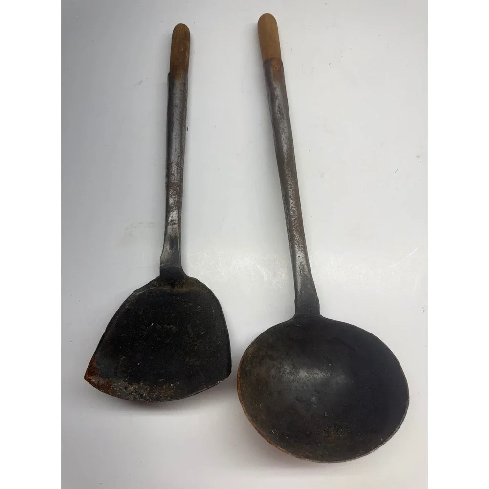Antique Hand Forged Carbon Steel Wok Spatula and Ladle Set Wooden Handle Rustic
